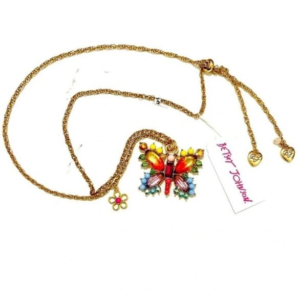 BETSEY JOHNSON Love Fest Butterfly or Dragonfly Multicolor Crystal Necklace NWT - Picture 2 of 6